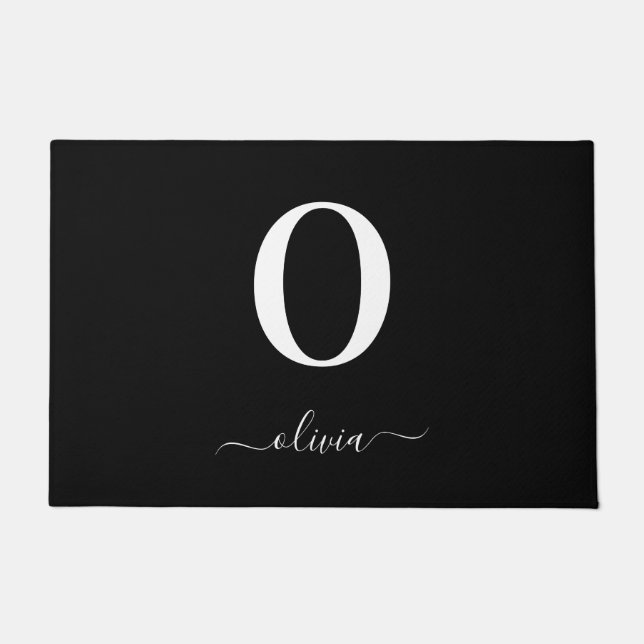 Monogram Script Name Personalised Black And White Doormat (Front)