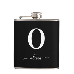 Monogram Script Name Personalised Black And White Hip Flask