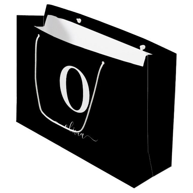 Monogram Script Name Personalised Black And White Large Gift Bag (Front Angled)