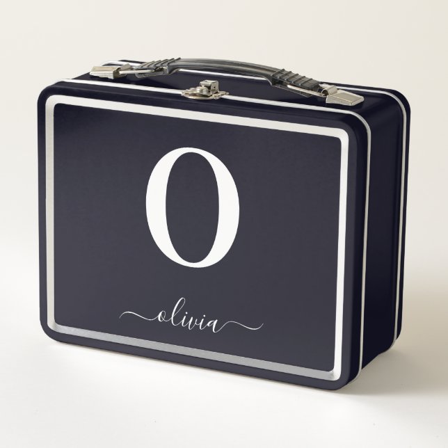 Monogram Script Name Personalised Black And White Metal Lunch Box (Front)