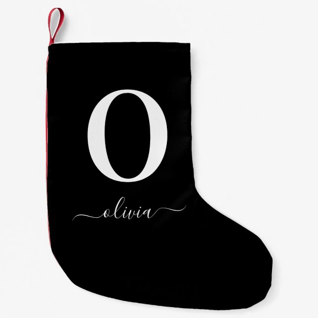 Monogram Script Name Personalised Black And White Small Christmas Stocking (Front)