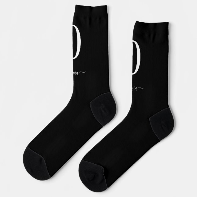 Monogram Script Name Personalised Black And White Socks (Left)