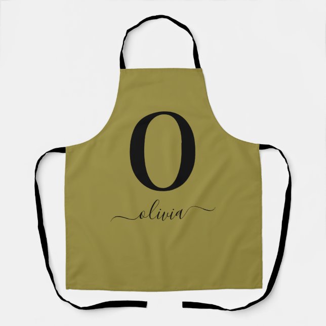 Monogram Script Name Personalised Gold And Black Apron (Front)