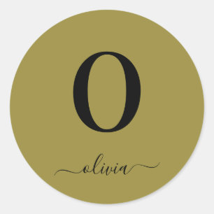 Monogram Script Name Personalised Gold And Black Classic Round Sticker