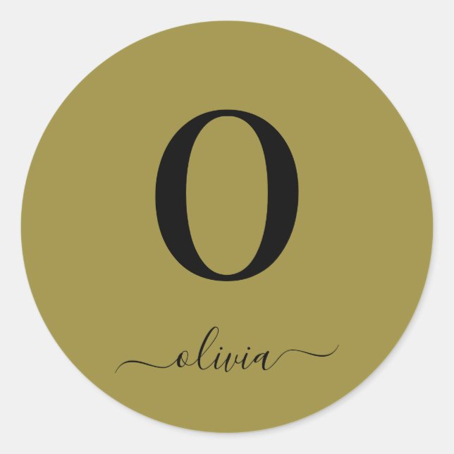 Monogram Script Name Personalised Gold And Black Classic Round Sticker (Front)