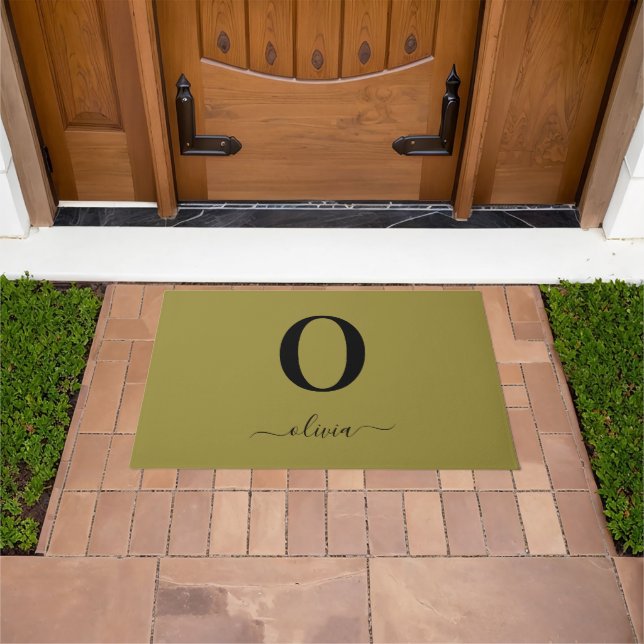 Monogram Script Name Personalised Gold And Black Doormat (Outdoor)