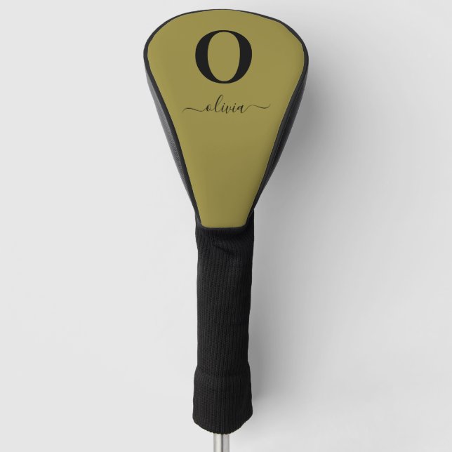 Monogram Script Name Personalised Gold And Black Golf Head Cover (Front)