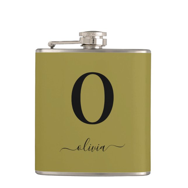 Monogram Script Name Personalised Gold And Black Hip Flask (Front)