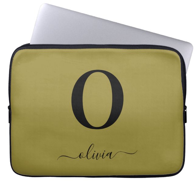 Monogram Script Name Personalised Gold And Black Laptop Sleeve (Front)