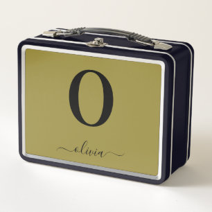 Monogram Script Name Personalised Gold And Black Metal Lunch Box
