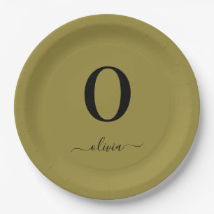 Monogram Script Name Personalised Gold And Black Paper Plate