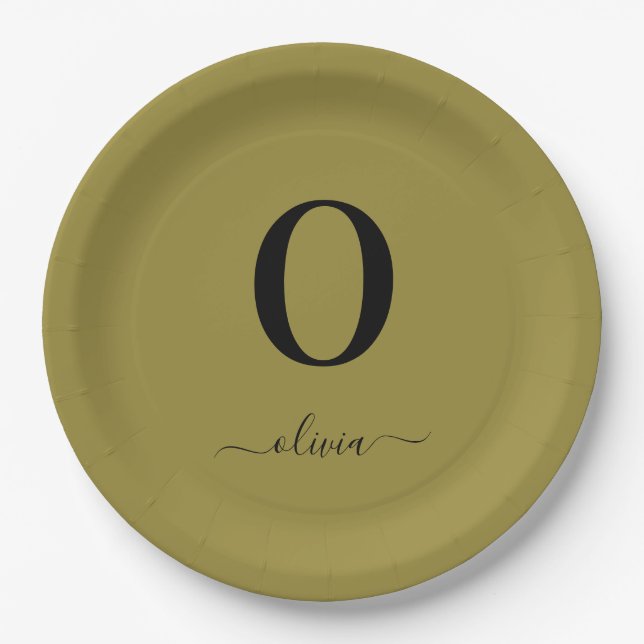 Monogram Script Name Personalised Gold And Black Paper Plate (Front)