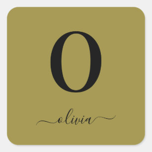 Monogram Script Name Personalised Gold And Black Square Sticker