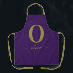 Monogram Script Name Personalised Purple And Gold Apron<br><div class="desc">This stylish monogram and elegant script name design can be given as a gift for a birthday,  wedding favour,  bridal shower or any occasion. It can be customised with the person's initial and name.</div>