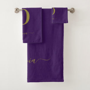 Monogram Script Name Personalised Purple And Gold Bath Towel Set