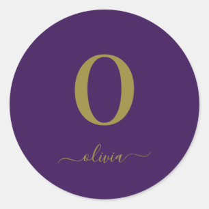 Monogram Script Name Personalised Purple And Gold Classic Round Sticker
