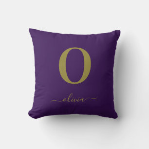 Monogram Script Name Personalised Purple And Gold Cushion