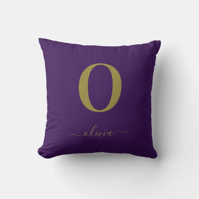 Monogram Script Name Personalised Purple And Gold Cushion (Front)