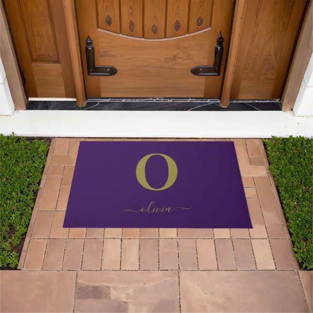 Monogram Script Name Personalised Purple And Gold Doormat (Outdoor)
