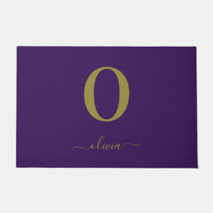 Monogram Script Name Personalised Purple And Gold Doormat