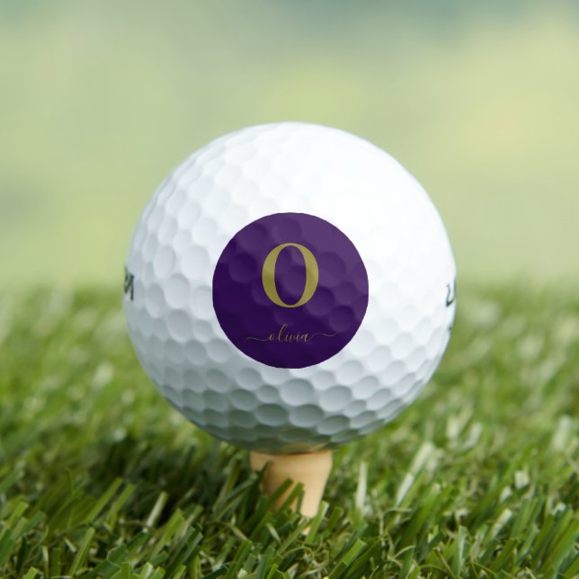 Monogram Script Name Personalised Purple And Gold Golf Balls (Insitu Tee)