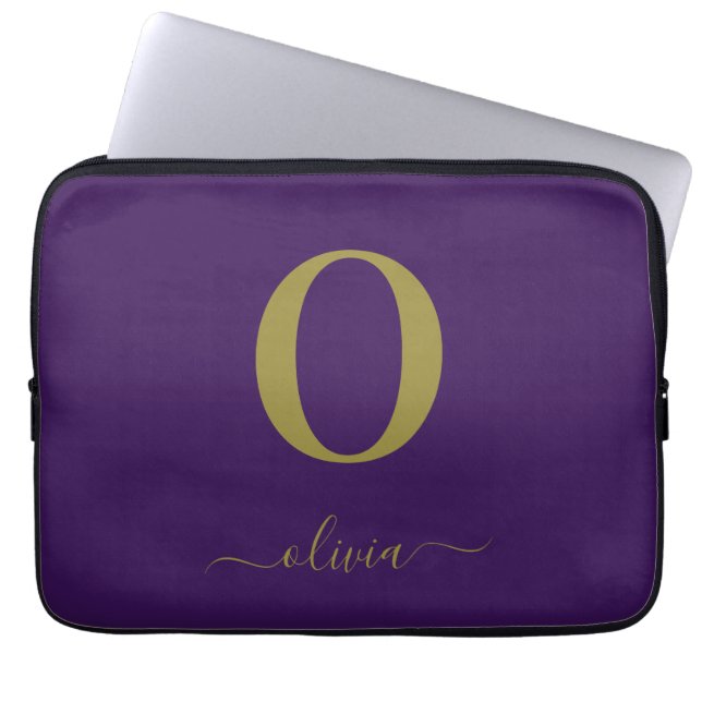 Monogram Script Name Personalised Purple And Gold Laptop Sleeve (Front)