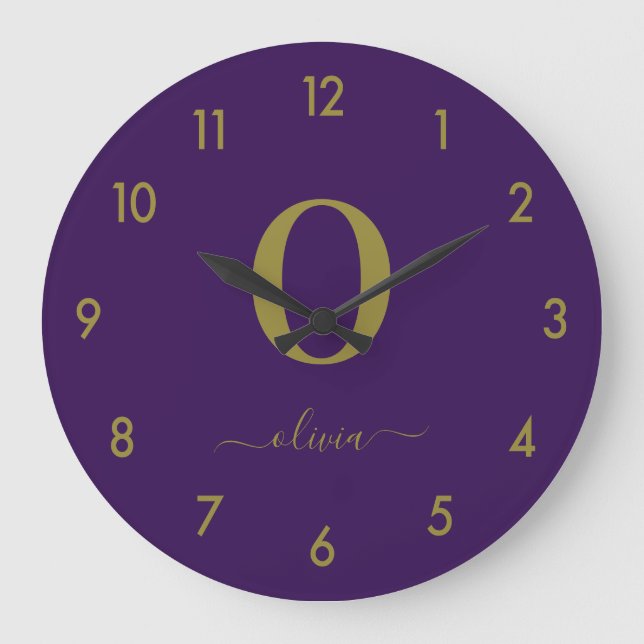 Monogram Script Name Personalised Purple And Gold Large Clock (Front)