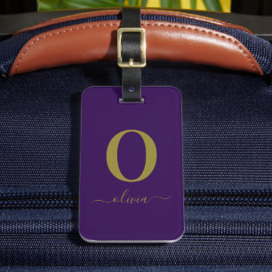 Monogram Script Name Personalised Purple And Gold Luggage Tag