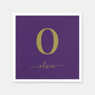 Monogram Script Name Personalised Purple And Gold Napkin