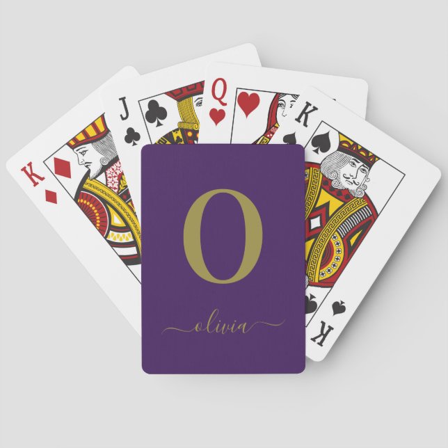Monogram Script Name Personalised Purple And Gold Playing Cards (Back)
