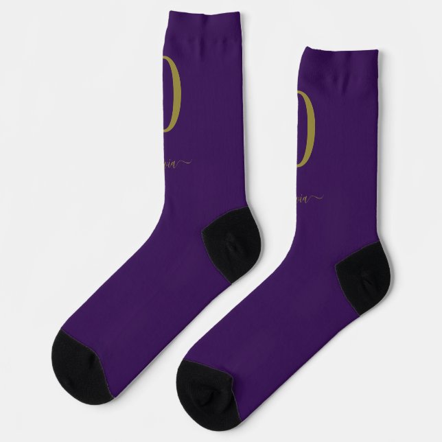 Monogram Script Name Personalised Purple And Gold Socks (Left)