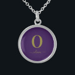 Monogram Script Name Personalised Purple And Gold Sterling Silver Necklace<br><div class="desc">This stylish monogram and elegant script name design can be given as a gift for a birthday,  wedding favour,  bridal shower or any occasion. It can be customised with the person's initial and name.</div>