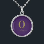 Monogram Script Name Personalised Purple And Gold Sterling Silver Necklace<br><div class="desc">This stylish monogram and elegant script name design can be given as a gift for a birthday,  wedding favour,  bridal shower or any occasion. It can be customised with the person's initial and name.</div>