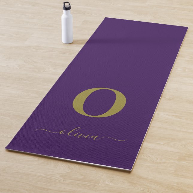 Monogram Script Name Personalised Purple And Gold Yoga Mat (In Situ)