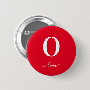 Monogram Script Name Personalised Red And White 6 Cm Round Badge