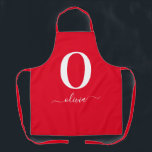 Monogram Script Name Personalised Red And White Apron<br><div class="desc">This stylish monogram and elegant script name design can be given as a gift for a birthday,  wedding favour,  bridal shower or any occasion. It can be customised with the person's initial and name.</div>