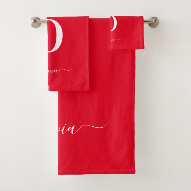 Monogram Script Name Personalised Red And White Bath Towel Set (Insitu)