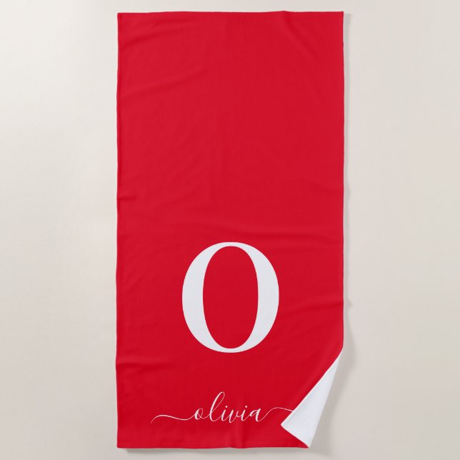 Monogram Script Name Personalised Red And White Beach Towel (Front)