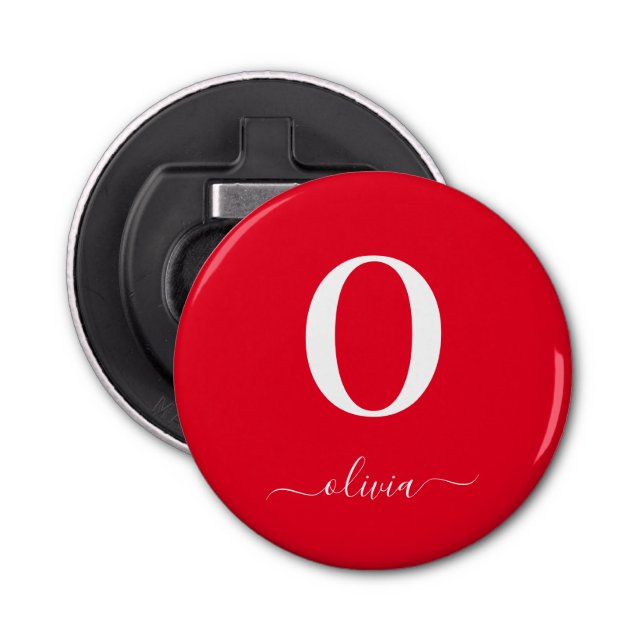 Monogram Script Name Personalised Red And White Bottle Opener (Front)