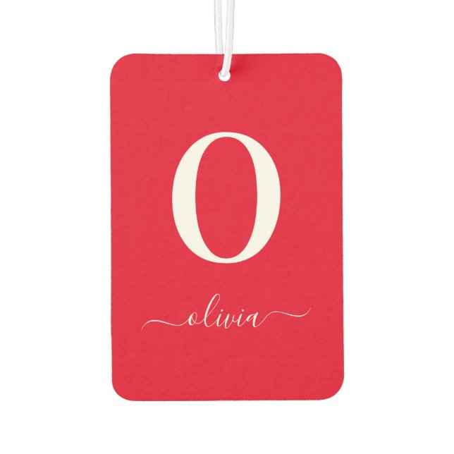 Monogram Script Name Personalised Red And White Car Air Freshener (Back)