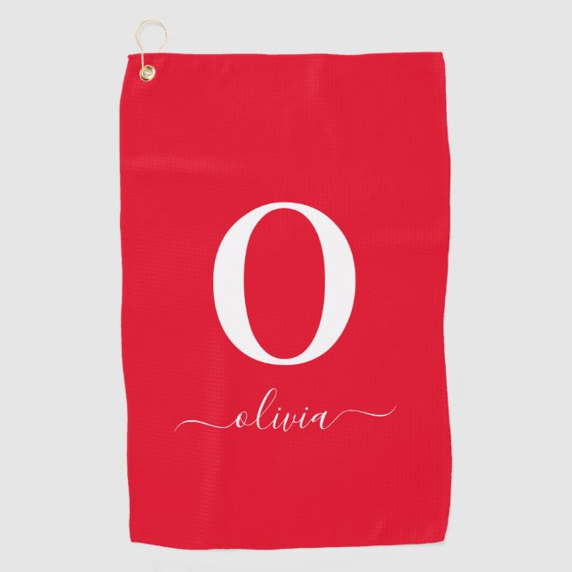 Monogram Script Name Personalised Red And White Golf Towel (Front)