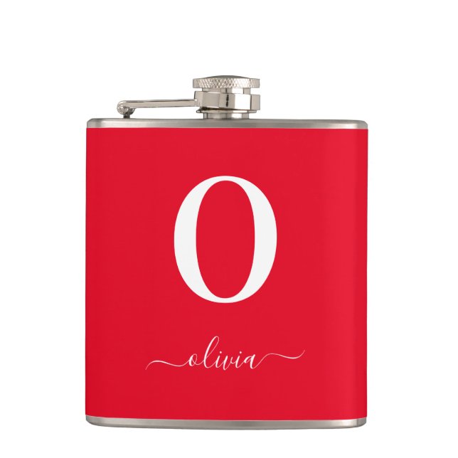 Monogram Script Name Personalised Red And White Hip Flask (Front)