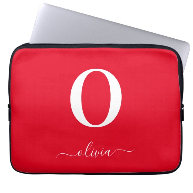 Monogram Script Name Personalised Red And White Laptop Sleeve (Front)