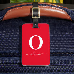 Monogram Script Name Personalised Red And White Luggage Tag