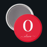 Monogram Script Name Personalised Red And White Magnet<br><div class="desc">This elegant monogram and stylish script name design can be given as a gift for any occasion. It can be personalised with the person's initial and name. You can change the font, font colour, font size and background colour using the Design Tool. The font size will need to be reduced...</div>