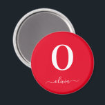 Monogram Script Name Personalised Red And White Magnet<br><div class="desc">This elegant monogram and stylish script name design can be given as a gift for any occasion. It can be personalised with the person's initial and name. You can change the font, font colour, font size and background colour using the Design Tool. The font size will need to be reduced...</div>