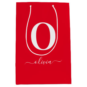 Monogram Script Name Personalised Red And White Medium Gift Bag
