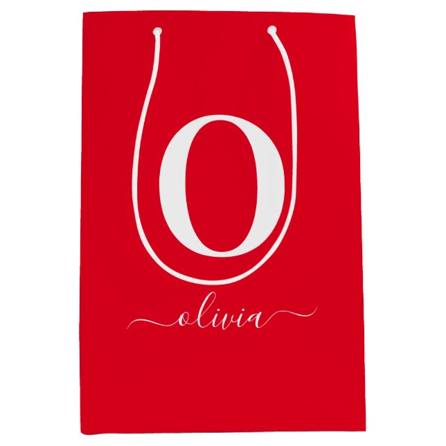 Monogram Script Name Personalised Red And White Medium Gift Bag (Front)