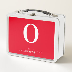 Monogram Script Name Personalised Red And White Metal Lunch Box