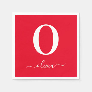 Monogram Script Name Personalised Red And White Napkin